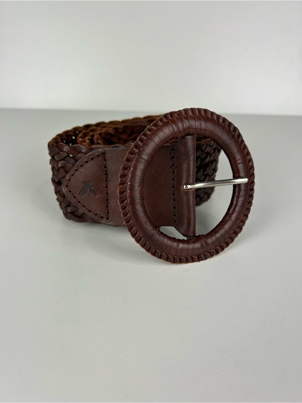 American Eagle Outfitters Braided Leather Belt in Dark Brown with Round Buckle